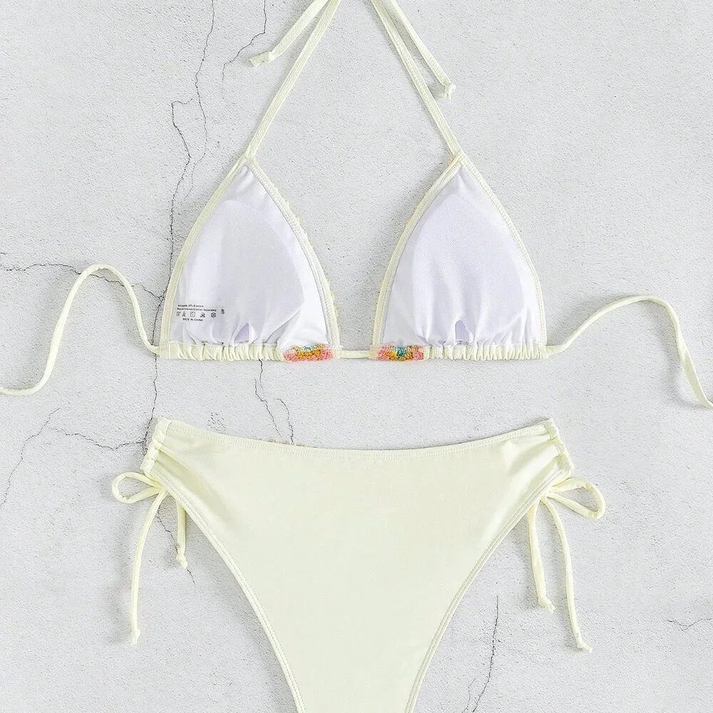 Beige Women's Beach Floral Print Halter Neck Bikini Set